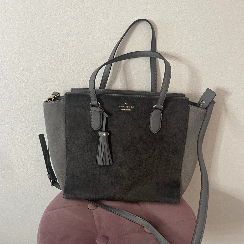 Kate Spade Hadley Laurel Way Grey Calf Hair Smokey Pearl Grey Tote Handbag